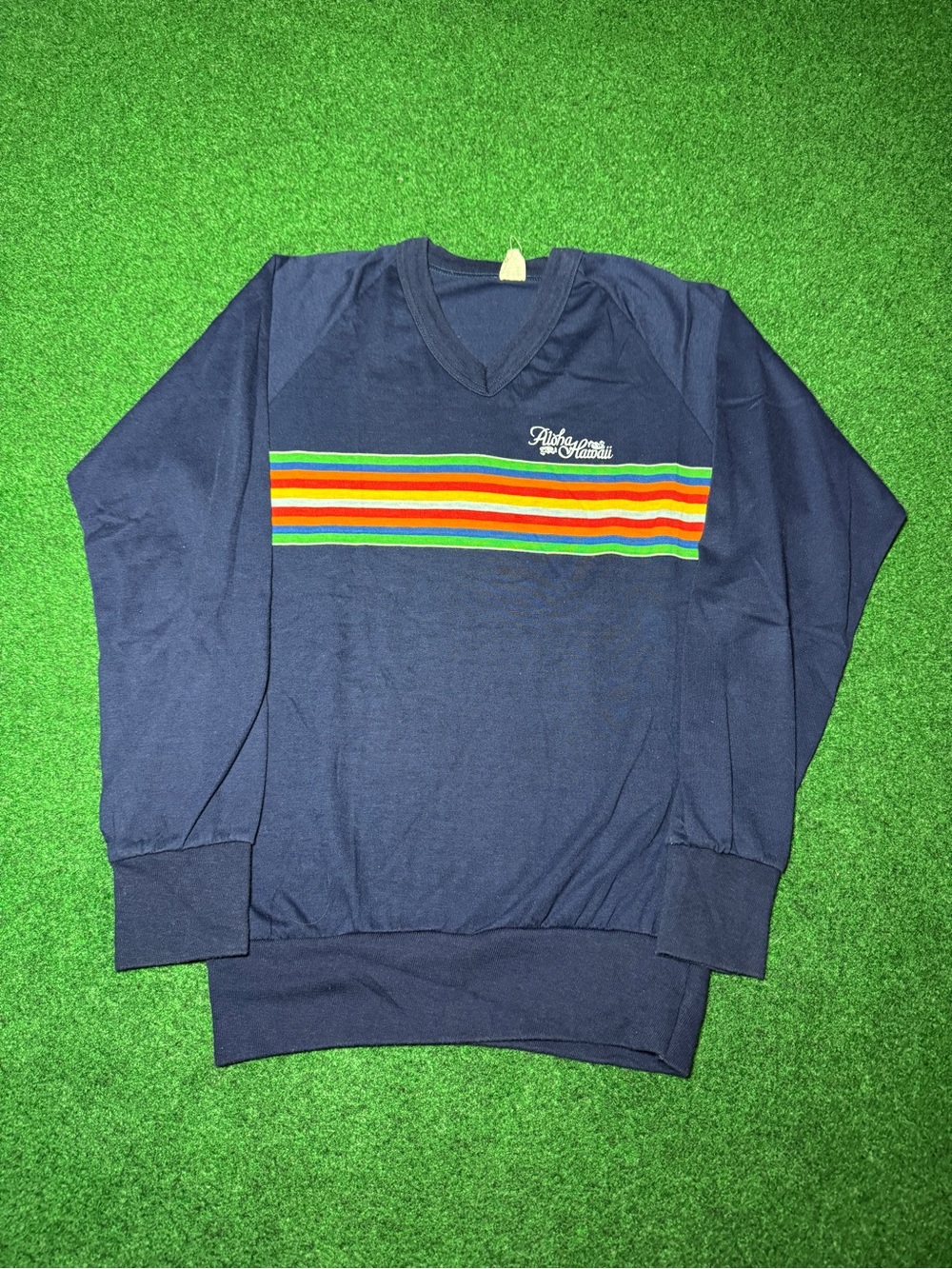 Aloha Hawaii Vintage Sweater 70s V Neck Retro Striped Hawaiian Knit